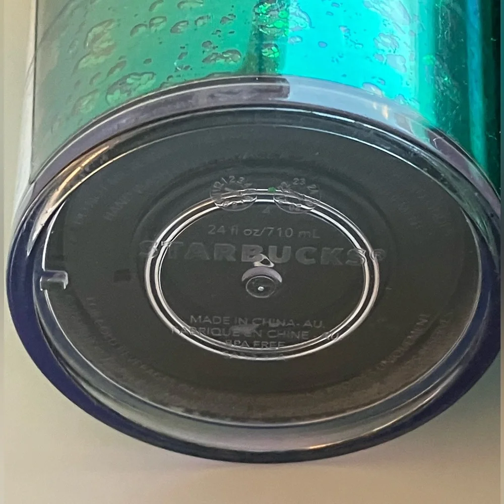 2 Starbucks tall 24 oz. plastic cups Holiday green sparkling flecks and tweed
